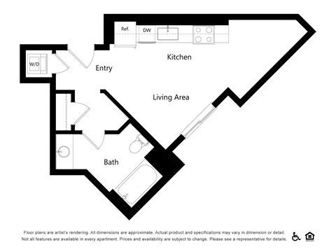 Floor plan for studio, 1 bath, 423 sqft